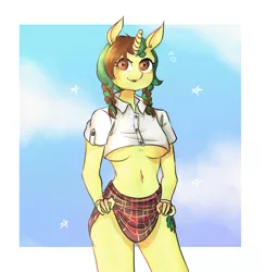 Size: 1168x1198 | Tagged: suggestive, artist:tinselus, derpibooru import, oc, oc:northern spring, unofficial characters only, anthro, unicorn, abstract background, adorasexy, belly button, braid, breasts, clothes, cute, female, half shirt, pigtails, plaid, sexy, skirt, skirt lift, solo, solo female, underboob
