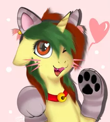 Size: 1079x1200 | Tagged: safe, alternate version, artist:homecome, derpibooru import, oc, oc:northern spring, unofficial characters only, unicorn, bell, bell collar, cat ears, cat paws, collar, fangs, female, floppy ears, freckles, headband, heart, heart eyes, one eye closed, open mouth, paw gloves, paw prints, solo, whiskers, wingding eyes, wink, ych result