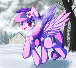 Size: 1850x1650 | Tagged: safe, artist:tangankittentail, derpibooru import, oc, oc:moonlight blossom, unofficial characters only, pegasus, pony, barn, cloud, cloudy, cute, flower, snow, solo