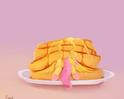 Size: 2500x2000 | Tagged: safe, artist:miokomata, derpibooru import, fluttershy, pegasus, pony, both cutie marks, butter, buttstuck, cute, female, flutterbutt, food, gradient background, high res, maple syrup, mare, plate, plot, ponies in food, prone, rear view, shyabetes, solo, spread wings, stuck, this will end in weight gain, underhoof, waffle, wings