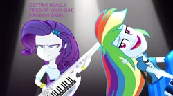 Size: 1280x714 | Tagged: safe, derpibooru import, edit, edited screencap, screencap, rainbow dash, rarity, equestria girls, rainbow rocks, awesome as i want to be, guitar, keytar, musical instrument, rainbow dash is best facemaker, rarity is not amused, unamused, vulgar