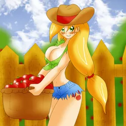 Size: 2233x2244 | Tagged: apple, applejack, artist:lucky-jj, basket, belly button, breasts, busty applejack, clothes, commission, cowboy hat, derpibooru import, erect nipples, female, fence, food, freckles, fruit, hat, human, humanized, looking at you, nipple outline, shorts, solo, solo female, stetson, suggestive