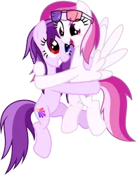 Size: 6186x7920 | Tagged: safe, artist:livehotsun, derpibooru import, oc, oc:comfy dove, oc:purple eye, unofficial characters only, earth pony, pegasus, pony, absurd resolution, glasses, heterochromia, hug, open mouth, simple background, smiling, transparent background