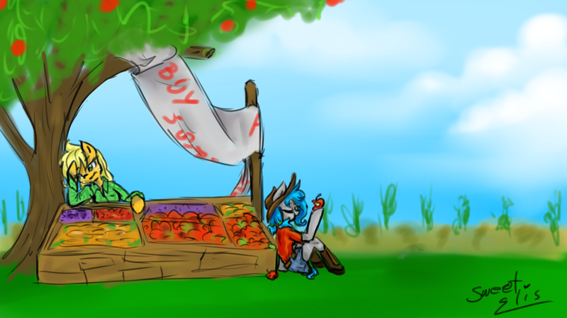 Size: 1920x1080 | Tagged: safe, artist:elisdoominika, derpibooru import, applejack, oc, oc:sweet elis, semi-anthro, apple, apple stand, apple tree, bored, cloud, field, food, tree