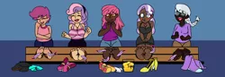 Size: 2900x1000 | Tagged: apple bloom, artist:/d/non, barefoot, bits, boots, breasts, clothes, converse, cutie mark crusaders, dark skin, derpibooru import, diamond tiara, dress, erotic tickling, eyes closed, feet, female, females only, fetish, foot fetish, glasses, high heels, human, humanized, jar, jewelry, laughing, necklace, older, older apple bloom, older diamond tiara, older scootaloo, older silver spoon, older sweetie belle, open mouth, scootaloo, shoes, silver spoon, socks, stocks, suggestive, sweetie belle, tickle fetish, tickle torture, tickling