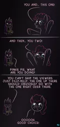 Size: 567x1196 | Tagged: artist:quint-t-w, comic, derpibooru import, dialogue, fourth wall, fourth wall destruction, gradient background, implied shipping, looking at you, meta, pinkie pie, princess cadance, princess of shipping, safe, shipper on deck, shipper pie, shipping, talking, underhoof