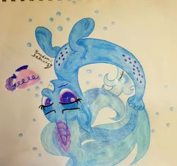 Size: 1618x1512 | Tagged: artist:lunarcipher1, colored pencil drawing, colored pupils, colored sketch, cup, derpibooru import, female, grin, magic, my little pony: the movie, safe, seaponified, seapony (g4), seapony trixie, sketch, smiling, solo, species swap, teacup, traditional art, trixie