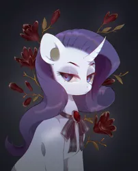 Size: 1745x2160 | Tagged: safe, artist:dagmell, derpibooru import, rarity, pony, unicorn, blue eyes, bow-knot, chromatic aberration, curved horn, flower, gem, looking at you, magnolia, purple hair, ruby, solo, tape