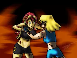 Size: 2400x1800 | Tagged: semi-grimdark, artist:firepaws247, derpibooru import, sunset shimmer, equestria girls, anime, blood, boxing, bruised, clothes, crossover, exeron fighters, exeron gloves, fight, lori loud, mma, sports, sports bra, sports shorts, the loud house, wrestling