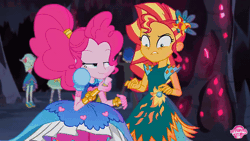 Size: 600x338 | Tagged: safe, derpibooru import, screencap, captain planet, derpy hooves, flash sentry, lyra heartstrings, paisley, pinkie pie, sunset shimmer, equestria girls, legend of everfree, legend of everfree - bloopers, animated, crystal gala dress, female, finger gun, finger guns, food, marshmallow, pinkie prick