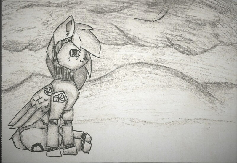 Size: 1699x1170 | Tagged: safe, artist:diane-thorough, derpibooru import, oc, oc:solar breeze, unofficial characters only, pegasus, pony, robot, robot pony, fallout equestria, ink, male, sitting, sketch, solo, wasteland