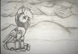 Size: 1699x1170 | Tagged: safe, artist:diane-thorough, derpibooru import, oc, oc:solar breeze, unofficial characters only, pegasus, pony, robot, robot pony, fallout equestria, ink, male, sitting, sketch, solo, wasteland