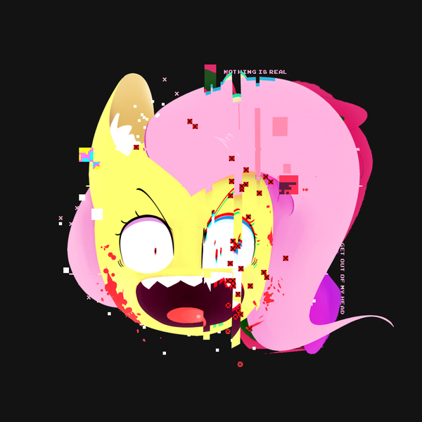 Size: 1218x1218 | Tagged: semi-grimdark, artist:0ndshok, derpibooru import, fluttershy, pegasus, pony, black background, blood, blood stains, bust, crazy face, ear fluff, error, faic, glitch, glitch art, looking at you, open mouth, portrait, sharp teeth, simple background, solo, teeth, wide eyes