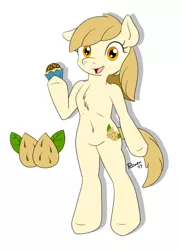 Size: 992x1376 | Tagged: safe, artist:roxenmaratoun, derpibooru import, oc, oc:almond milk, unofficial characters only, earth pony, semi-anthro, almond, chest fluff, cupcake, cutie mark, female, food, hoof hold, simple background, white background