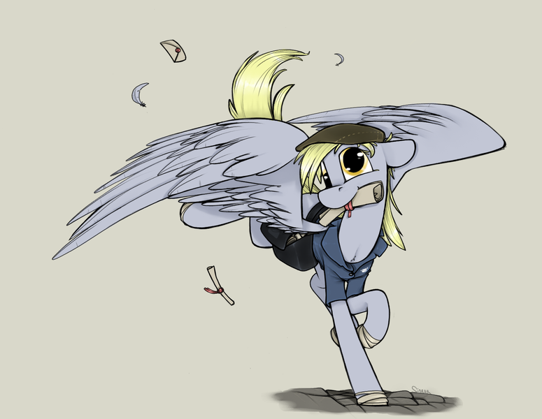 Size: 1550x1200 | Tagged: safe, artist:sinrar, derpibooru import, derpy hooves, pegasus, pony, clothes, cute, female, floppy ears, hat, mail, mailbag, mailmare, mare, scroll, solo, spread wings, wings