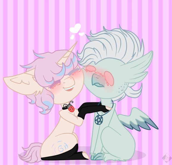 Size: 579x556 | Tagged: safe, artist:themisslittledevil, derpibooru import, oc, oc:lowrie, oc:mary, unofficial characters only, hippogriff, pony, blushing, chibi, clothes, female, hug, male, oc x oc, shipping, sitting, socks, straight