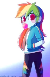 Size: 800x1221 | Tagged: safe, artist:riouku, derpibooru import, rainbow dash, equestria girls, equestria girls series, ass, blowing bubbles, bubblegum, clothes, food, gum, hand in pocket, hoodie, looking at you, looking back, pants, rainbutt dash, turning