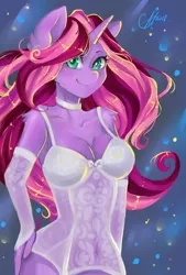 Size: 2700x4000 | Tagged: suggestive, artist:xjenn9, derpibooru import, oc, oc:dalorance, unofficial characters only, anthro, unicorn, anthro oc, breasts, choker, cleavage, clothes, female, gloves, lingerie, long gloves, signature, smiling, solo, solo female