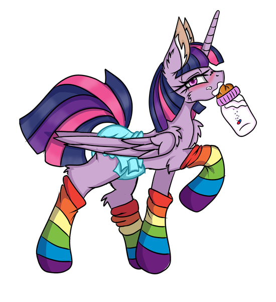 Size: 1833x2000 | Tagged: abdl, adult foal, alicorn, artist:cuddlelamb, baby bottle, clothes, derpibooru import, diaper, diaper fetish, drugs, fetish, messy drinking, pill, pills, questionable, rainbow socks, simple background, socks, solo, striped socks, twilight sparkle, twilight sparkle (alicorn), white background