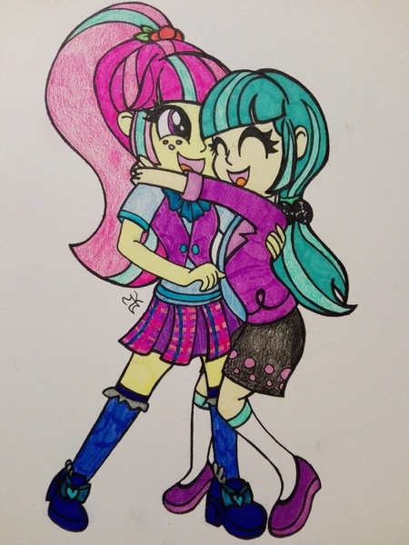 Size: 3120x4160 | Tagged: artist:mlpshimmysunshine123, crack shipping, cute, derpibooru import, equestria girls, female, hug, junibetes, juniper montage, junipersweet, lesbian, missing accessory, safe, shipping, sourbetes, sour sweet, spoiler:eqg specials, traditional art