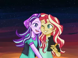 Size: 1024x768 | Tagged: safe, artist:faycoon, derpibooru import, starlight glimmer, sunset shimmer, equestria girls, mirror magic, spoiler:eqg specials, beanie, clothes, female, geode of empathy, hat, jacket, lesbian, shimmerglimmer, shipping, shirt, smiling, vest