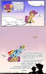 Size: 1500x2415 | Tagged: safe, artist:chopsticks, derpibooru import, rainbow dash, scootaloo, pegasus, pony, attempted suicide, backlit, cloud, comic, crying, dialogue, duo, falling, feather, feels, female, filly, foal, heartwarming, mare, rescue, sad, scootaloo can't fly, scootalove, silhouette, suicide, sunset