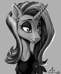 Size: 750x900 | Tagged: safe, artist:amarynceus, deleted from derpibooru, derpibooru import, sassy saddles, pony, unicorn, bust, clothes, ear fluff, female, gray background, grayscale, lidded eyes, mare, monochrome, portrait, simple background, smiling, solo