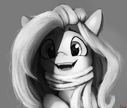 Size: 1400x1200 | Tagged: safe, artist:miokomata, derpibooru import, fluttershy, pegasus, pony, apple, bust, clothes, cute, cute little fangs, eye reflection, fangs, female, food, grayscale, happy, looking at something, mare, miokomataz is trying to kill us, monochrome, open mouth, portrait, reflection, scarf, shyabetes, smiling, solo