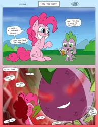Size: 2550x3300 | Tagged: safe, artist:loreto-arts, derpibooru import, pinkie pie, spike, dragon, earth pony, pony, 2 panel comic, alcohol, big head, comic, cross-popping veins, female, floppy ears, glowing eyes, glowing eyes of doom, growth, male, mare, nervous sweat, pun, rage, red eyes take warning, spiked drink, sweat, this will end in death, tranquil fury, umbrella drink, winged spike