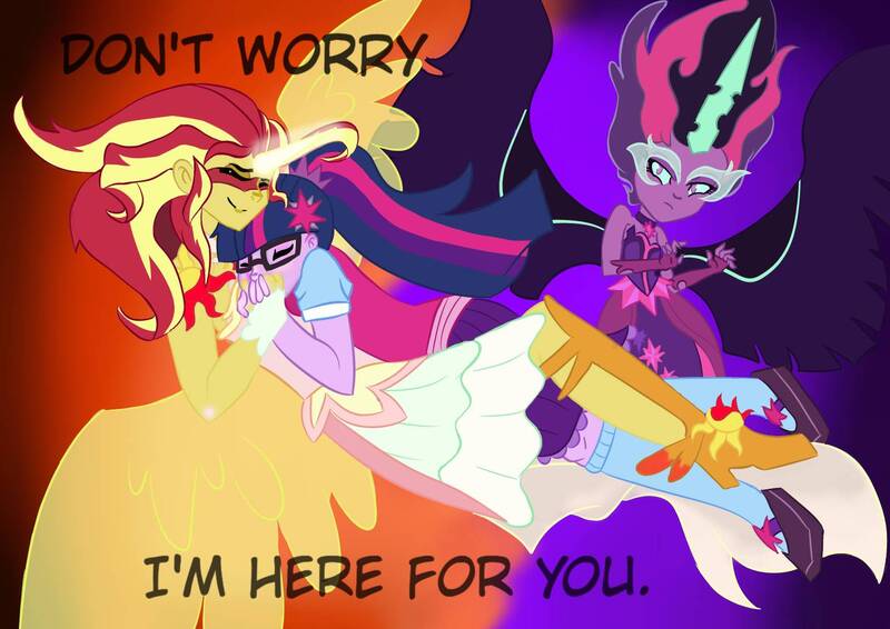 Size: 1414x1000 | Tagged: safe, artist:hpbudgecraft, derpibooru import, sci-twi, sunset shimmer, twilight sparkle, equestria girls, clothes, comforting, daydream shimmer, female, lesbian, midnight sparkle, midnightdaydream, scitwishimmer, shipping, sunsetsparkle