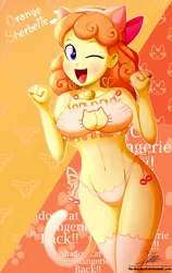 Size: 1595x2527 | Tagged: suggestive, artist:the-butch-x, derpibooru import, orange sherbette, equestria girls, bell, bell collar, belly button, blushing, boob window, bra, breasts, busty orange sherbette, butch's shadow cat lingerie, cat bell, cat ears, cat keyhole bra set, cat lingerie, cat tail, cleavage, clothes, collar, crop top bra, fangs, female, frilly underwear, heart, lingerie, looking at you, one eye closed, orange underwear, panties, sexy, shadowcat lingerie, side knot underwear, smiling, socks, solo, solo female, stockings, stupid sexy orange sherbette, thigh highs, underwear, wink