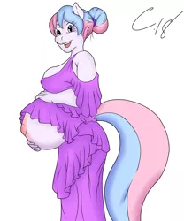 Size: 1500x1800 | Tagged: anthro, artist:marukomuru, artist:mr. critical, belly, belly button, big belly, breasts, clothes, colored, color edit, derpibooru import, dress, edit, female, looking at you, oc, oc:bundle joy, open mouth, pregnant, solo, solo female, suggestive, unofficial characters only