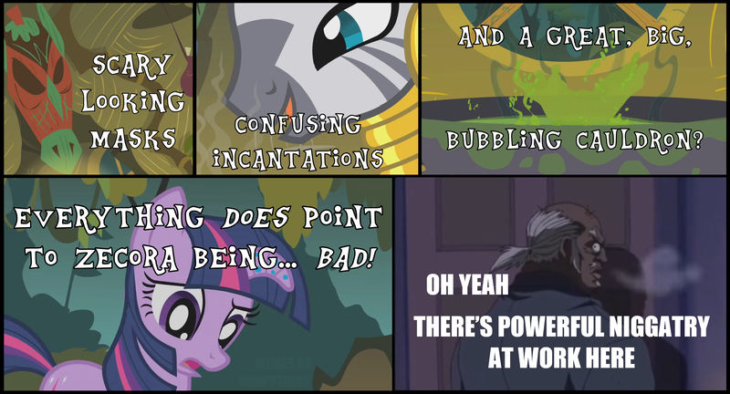 Size: 2208x1193 | Tagged: bridle gossip, caption, cauldron, comic, derpibooru import, dialogue, edit, edited screencap, poison joke, racial slur, racism, safe, screencap, the boondocks, the exorcist, twilight sparkle, uncle ruckus, zebra, zecora, zecora's hut