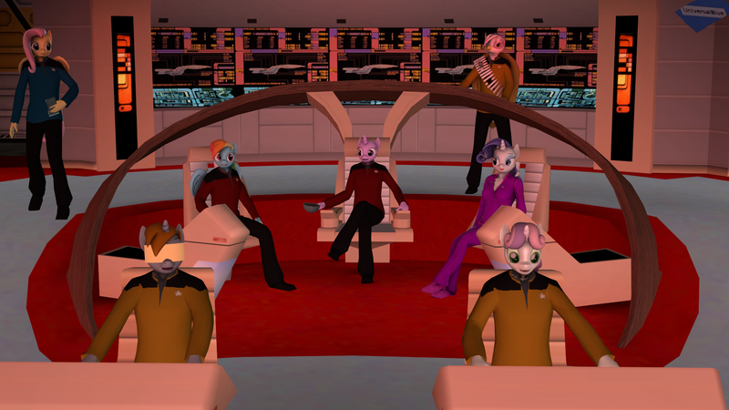 Size: 1920x1080 | Tagged: 3d, anthro, artist:universalblue, beverly crusher, captain picard, crossover, data, derpibooru import, enterprise d, fallout equestria, fluttershy, geordi laforge, gilda, jean-luc picard, klingon, oc, oc:littlepip, rainbow dash, rarity, robot, safe, source filmmaker, star trek, star trek: the next generation, sweetie belle, sweetie bot, twilight sparkle, william riker, worf