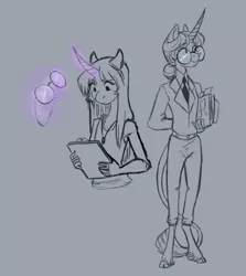 Size: 5892x6600 | Tagged: safe, artist:earthsong9405, deleted from derpibooru, derpibooru import, twilight sparkle, anthro, classical unicorn, unguligrade anthro, unicorn, space au, absurd resolution, alternate universe, clipboard, clothes, cloven hooves, curved horn, glasses, gray background, leonine tail, magic, magic aura, necktie, simple background, sketch, solo, suit, telekinesis, unshorn fetlocks