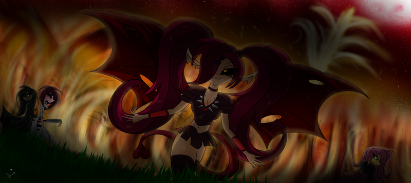 Size: 3800x1700 | Tagged: dead source, safe, artist:the4thhomunculus, derpibooru import, fluttershy, oc, oc:esbern, oc:piper, oc:scarlett, succubus, equestria girls, blood moon, clothes, equestria girls-ified, female, fire, moon, omen, sad, sword, weapon