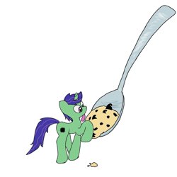 Size: 1200x1200 | Tagged: safe, artist:platypus in a can, derpibooru import, oc, oc:wonder wire, unofficial characters only, animated, cookie dough, eating, licking, simple background, solo, spoon, tiny ponies, tongue out, white background