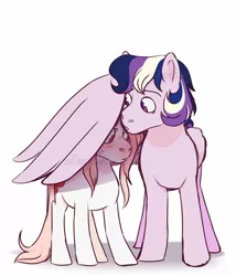 Size: 1280x1493 | Tagged: safe, artist:whisperseas, derpibooru import, oc, oc:concord, oc:nymph, unofficial characters only, hybrid, pegasus, pony, albino, disguise, disguised changeling, female, hug, interspecies offspring, male, mare, offspring, parent:king sombra, parent:princess cadance, parent:queen chrysalis, parent:shining armor, parents:chrysombra, parents:shiningcadance, shade, simple background, stallion, white background, wing shelter, winghug