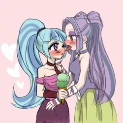 Size: 900x900 | Tagged: suggestive, artist:maron0807, color edit, derpibooru import, edit, aria blaze, sonata dusk, equestria girls, rainbow rocks, arisona, blushing, breasts, colored, female, food, heart, ice cream, lesbian, shipping, sleeveless