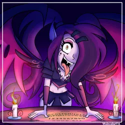 Size: 1024x1024 | Tagged: safe, artist:wubcakeva, derpibooru import, oc, oc:scarlett, unofficial characters only, demon, equestria girls, candle, clothes, equestria girls-ified, hair over one eye, insanity, open mouth, solo, tongue out