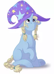 Size: 1280x1738 | Tagged: safe, artist:whisperseas, derpibooru import, oc, oc:blue moon, unofficial characters only, unicorn, blank flank, braid, braided tail, clothes, female, filly, floppy ears, hat, offspring, parent:prince blueblood, parent:trixie, parents:bluetrix, simple background, solo, trixie's hat, white background