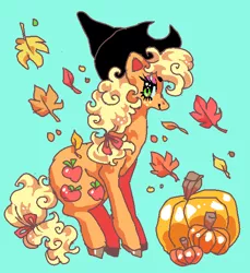 Size: 580x633 | Tagged: safe, artist:njeekyo, derpibooru import, applejack, pony, halloween, hat, holiday, jack-o-lantern, leaves, pumpkin, solo, witch hat