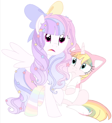 Size: 472x519 | Tagged: safe, artist:owlity, derpibooru import, oc, oc:fairy kei, oc:sweet dreams, unofficial characters only, alicorn, pegasus, pony, bow, clothes, fairy kei, female, hoodie, mare, pastel, rainbow socks, scared, socks, striped socks