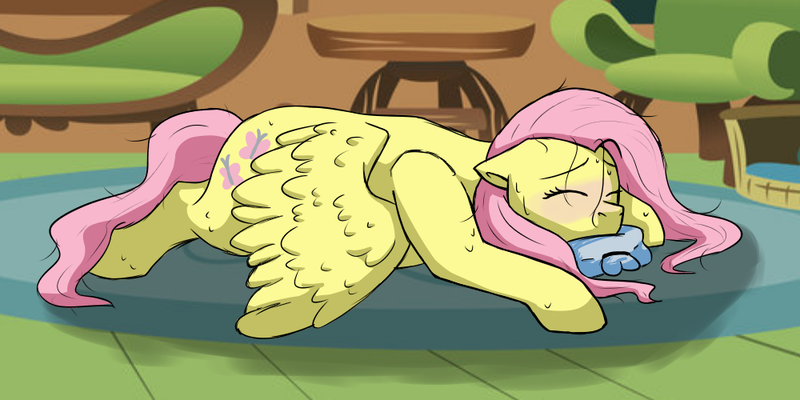 Size: 1000x500 | Tagged: safe, artist:akkyz, derpibooru import, fluttershy, pegasus, pony, eyes closed, floppy ears, preggoshy, pregnant, prone, solo, spread wings, sweat, wings, wings down