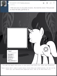 Size: 600x800 | Tagged: safe, artist:dekomaru, derpibooru import, pony, tumblr:ask twixie, anon pony, ask, diamondstuck, everfree forest, monochrome, solo, tumblr