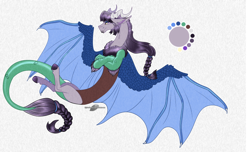 Size: 1525x925 | Tagged: abstract background, artist:bijutsuyoukai, braid, braided tail, derpibooru import, draconequus, draconequus oc, female, floating, gray background, interspecies offspring, next generation, oc, oc:nostalgia, offspring, parent:discord, parent:inky rose, parents:inkycord, realistic horse legs, safe, simple background, solo, unofficial characters only