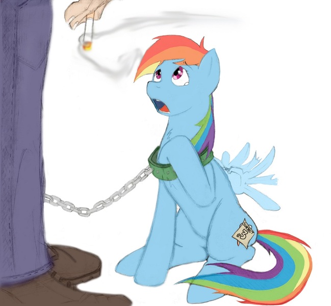 Size: 1052x973 | Tagged: editor needed, source needed, semi-grimdark, artist:dlw, derpibooru import, rainbow dash, human, pegasus, pony, abuse, abusive human, chains, cigarette, clipped wings, collar, cutiemarking, dashabuse, faceless male, female, femsub, injured, male, mare, offscreen character, sad, sitting, slave, slavery, smoking, submissive, teary eyes