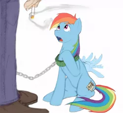 Size: 1052x973 | Tagged: editor needed, source needed, semi-grimdark, artist:dlw, derpibooru import, rainbow dash, human, pegasus, pony, abuse, abusive human, chains, cigarette, clipped wings, collar, cutiemarking, dashabuse, faceless male, female, femsub, injured, male, mare, offscreen character, sad, sitting, slave, slavery, smoking, submissive, teary eyes