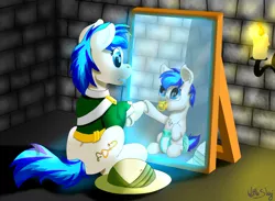 Size: 2500x1828 | Tagged: safe, artist:wittleskaj, derpibooru import, oc, oc:hooklined, unofficial characters only, earth pony, pony, baby, baby pony, candle, candlelight, clothes, diaper, female, filly, foal, magic mirror, mare, mirror, pacifier, reflection, uniform