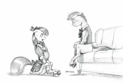Size: 1500x1012 | Tagged: safe, artist:baron engel, derpibooru import, apple bloom, oc, oc:stone mane (baron engel), earth pony, pony, semi-anthro, canon x oc, clothes, colt, dress, female, filly, grayscale, image, jpeg, looking at each other, male, monochrome, simple background, sketch, traditional art, white background